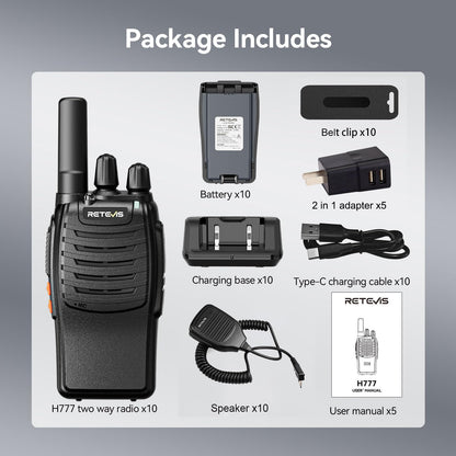 Retevis H-777 2 Way Radios, Walkie Talkies for Adults, Rechargeable Long Range Two Way Radio, Shock Resistant, Short Antenna for Business Education(10 Pack)