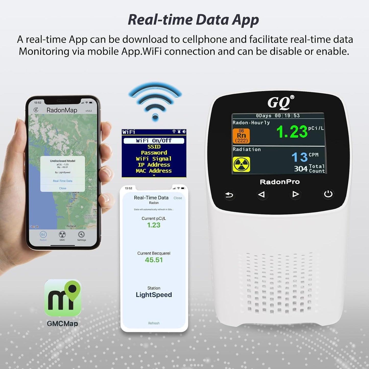 GQ Radon Pro 2-in-1 Radon and Nuclear Radiation Detector | Geiger Counter | Fast, Accurate Detection | Simple Color Display | USA Product | Real-time Data App | Data Sharing
