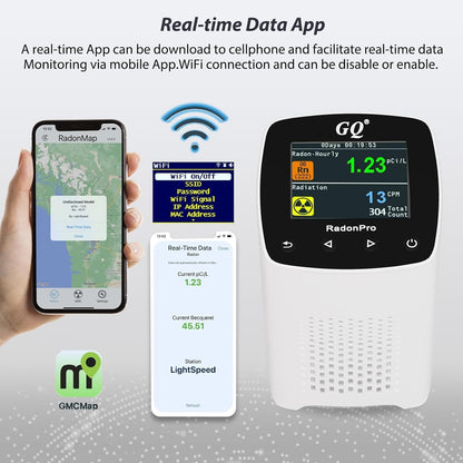 GQ Radon Pro 2-in-1 Radon and Nuclear Radiation Detector | Geiger Counter | Fast, Accurate Detection | Simple Color Display | USA Product | Real-time Data App | Data Sharing