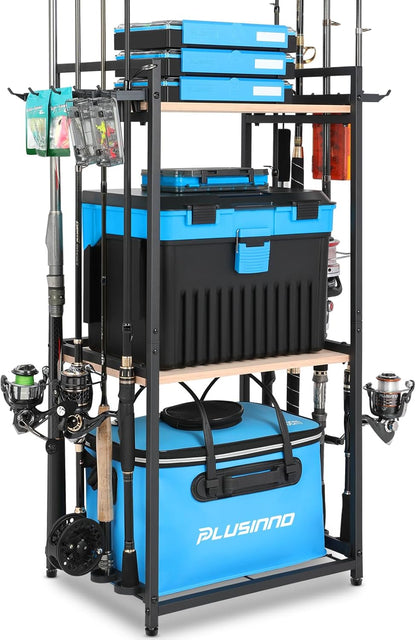 PLUSINNO 3 Tier Fishing Rod Holder, Fishing Pole Holders for Garage, Fishing Rod Rack Fishing Rod Storage Up to 8 Rods, Fishing Gear Tackle Box Fishing Equipment Organizers, Fishing Gifts for Men