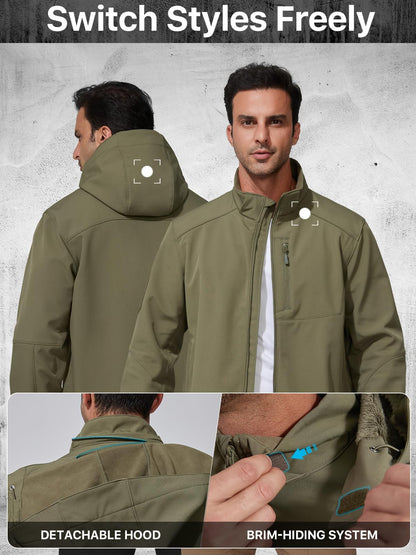 FREE SOLDIER Men's Lightweight Softshell Jacket Winter Fleece Lined Hooded Rain Waterproof Hiking Outdoor Jackets