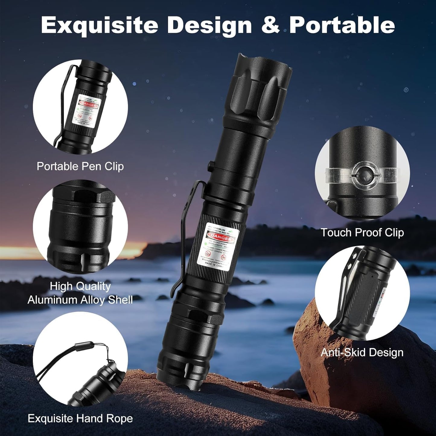 Damflew Green Laser Pointer High Power - Long Range Rechargeable Laser Beam, USB-A Charging for Hiking, Presentations & Outdoor Use (Professional-Grade Green Light)