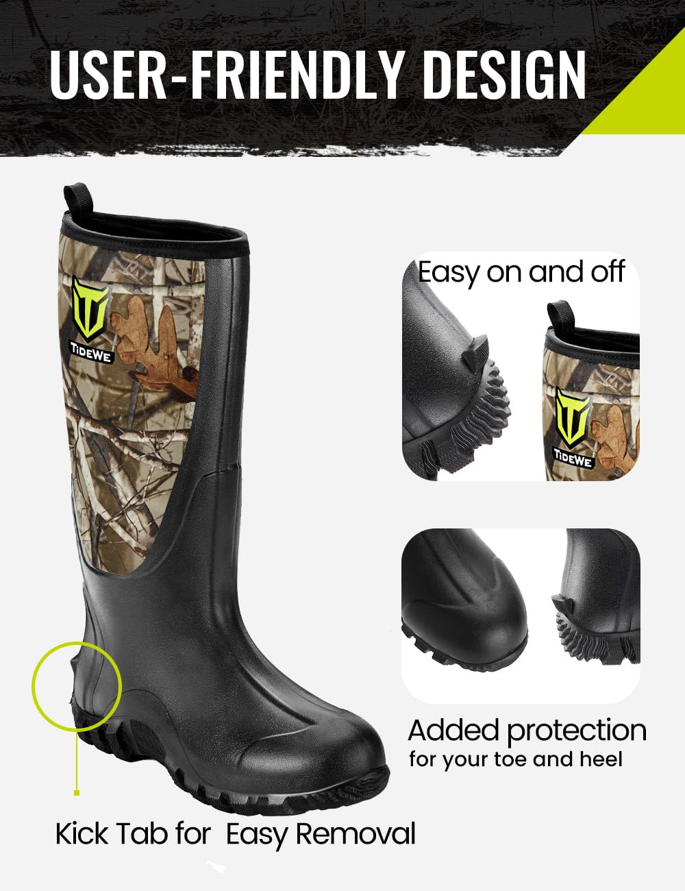 TIDEWE Rubber Boots for Men Multi-Season, Waterproof Rain Boots with Steel Shank, 6mm Neoprene Sturdy Rubber Outdoor Hunting Boots (Black, Brown, Next Camo G2)