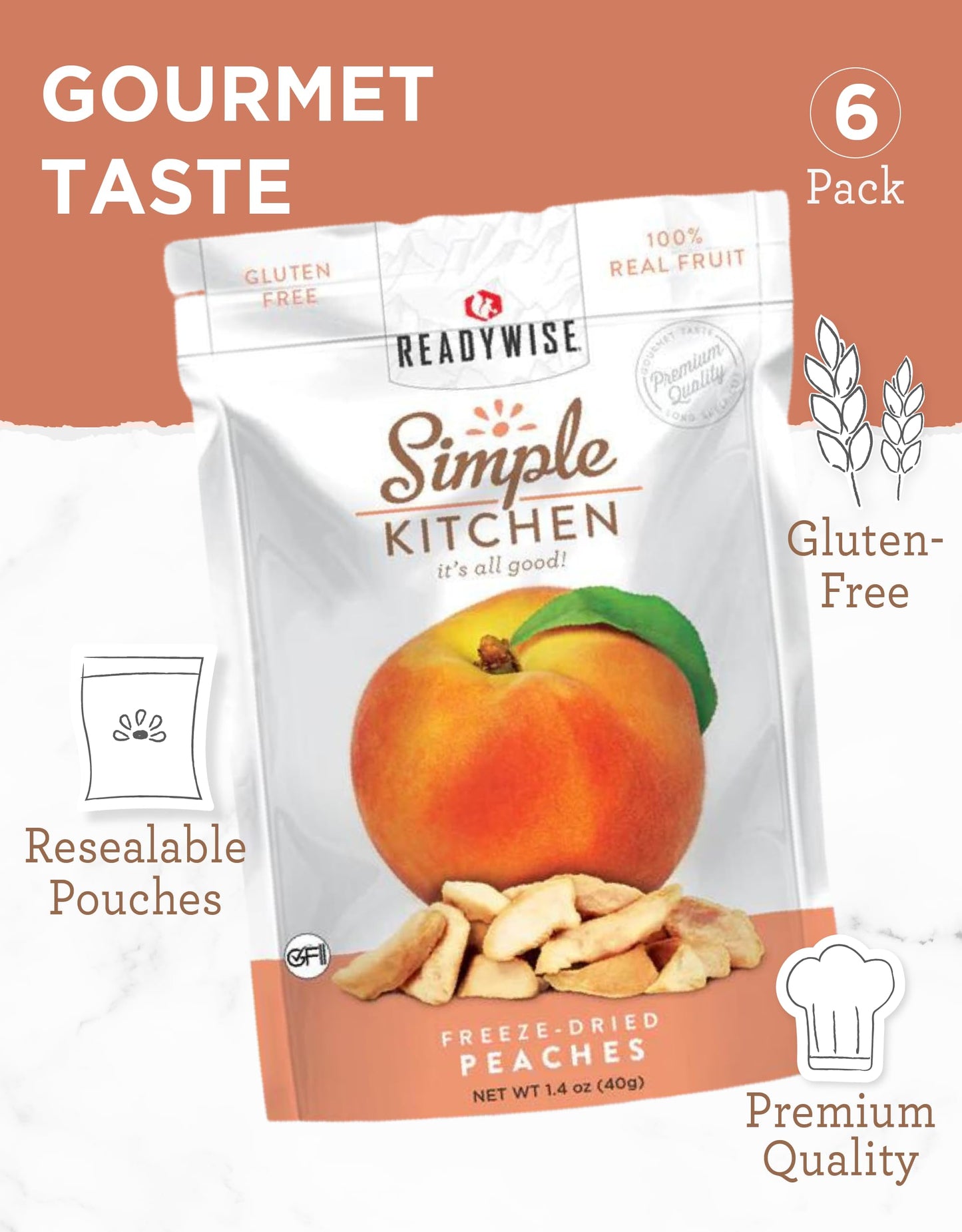 READYWISE - Simple Kitchen, Freeze-Dried Peaches, 1.16 oz, Pack of 6, Vegetarian, Gluten Free, Snacks, Peaches, Dried Fruit, Pre Workout, Healthy Snacks, Camping, Backpacking, Survival Food