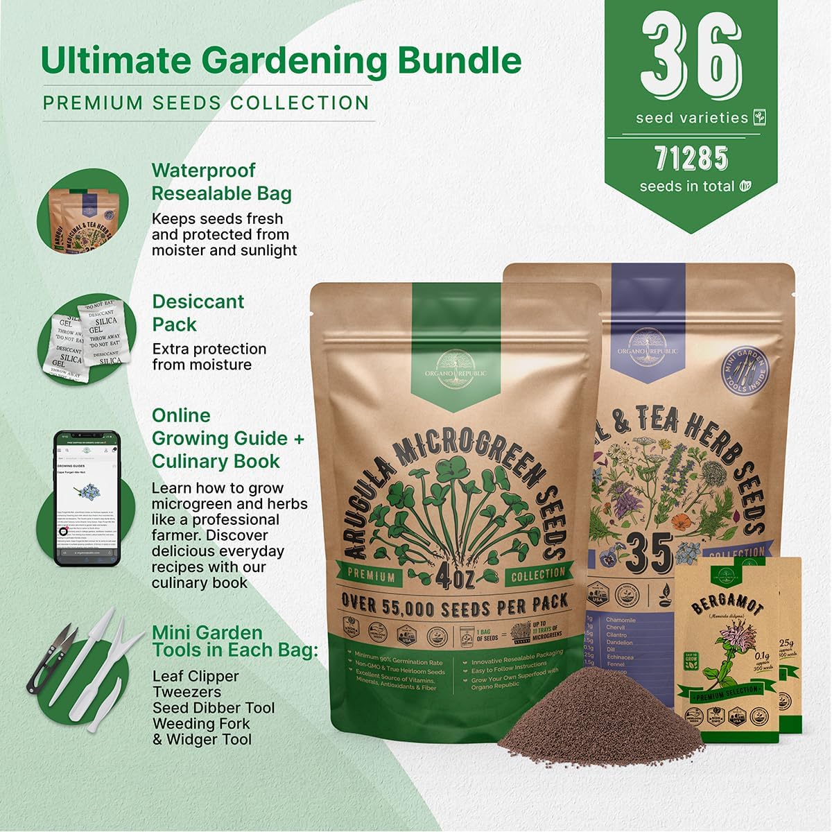 Organo Republic Arugula Sprouting 4 oz & 35 Medicinal & Tea Herb Seeds Variety Pack Bundle, 71,335+ Non-GMO Heirloom Garden Seeds for Planting Herbs & Medicinal Plants for Indoor & Outdoor Gardening