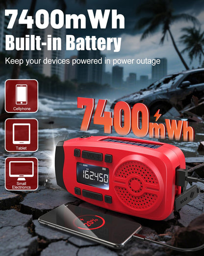Runningsnail Emergency Weather Radio, 7400mWh Hand Crank Emergency Radio with LCD Display, Support Weather Alert Radio, USB/Solar/Hand Crank, 1W Flashlight & SOS Alarm for Outdoor & Home Emergency