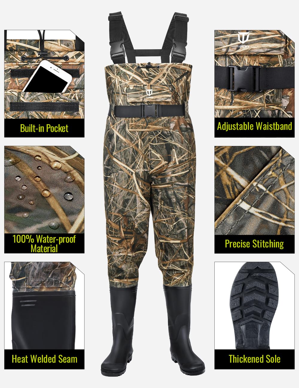 TIDEWE Bootfoot Chest Wader, 2-Ply Nylon/PVC Waterproof Fishing Hunting Waders with Boot Hanger for Men Women Green Brown