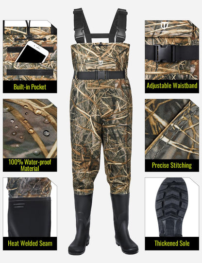 TIDEWE Bootfoot Chest Wader, 2-Ply Nylon/PVC Waterproof Fishing Hunting Waders with Boot Hanger for Men Women Green Brown