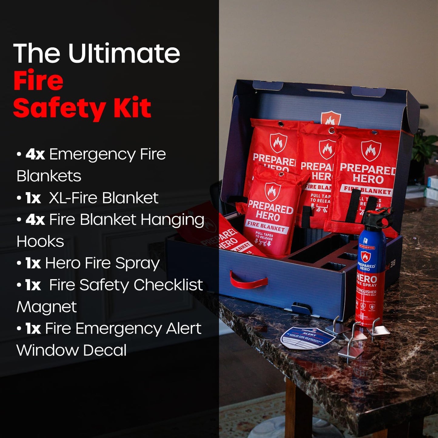 The Emergency Fire Safety Kit By Prepared Hero - Fiberglass Fire Blanket for Home and Kitchen - Mini Fire Extinguisher for Home - Emergency Kit - Emergency Supplies - Emergency Preparedness Items