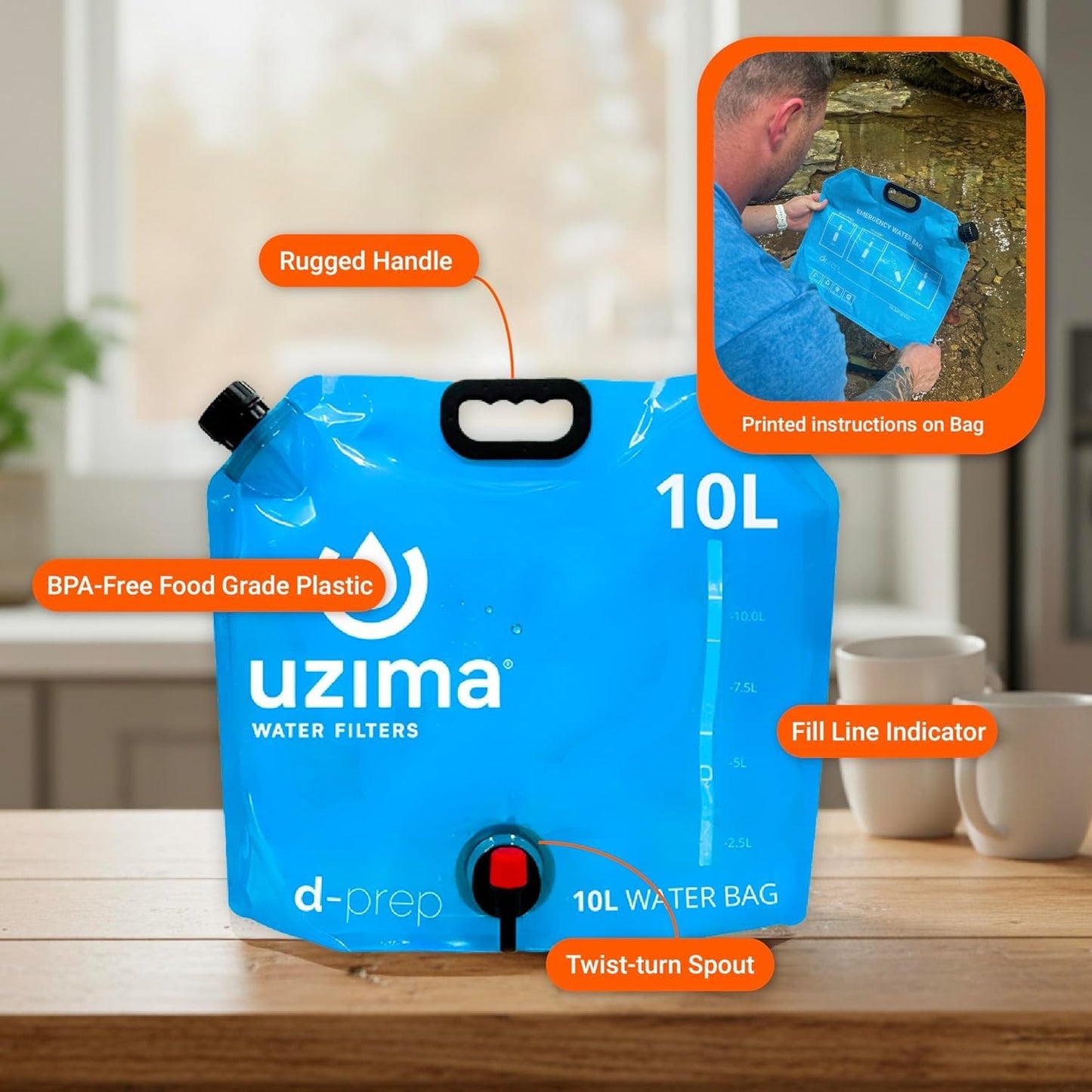 Uzima D-Prep Emergency Water Storage Container – 10L Collapsible Water Bladder with Printed Instructions for Camping, Hiking, Survival, Disaster Kits, and Gravity Filtration Systems