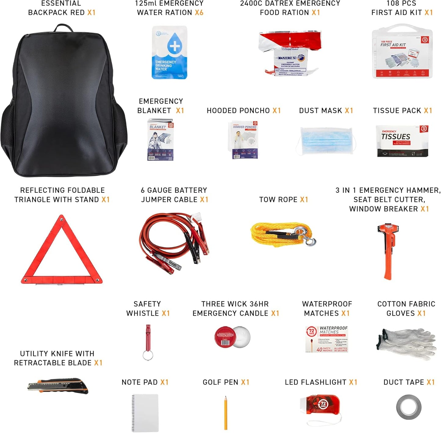 72 HRS Essential Backpack Car Kit (Black)