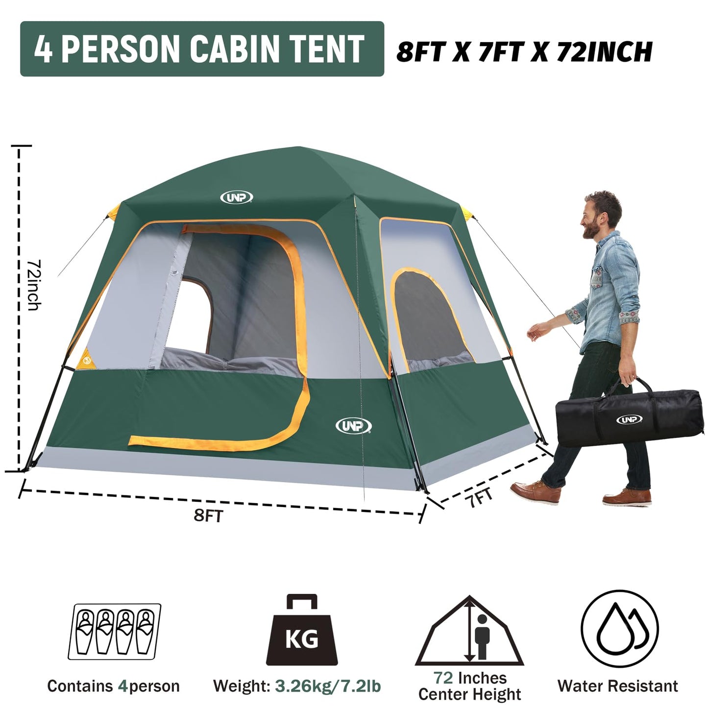 UNP 2/4/6/8 Person Tent, Portable Cabin Tent, Camping Tent 4-Person Easy Set Up, Waterproof with Top Rainfly for Outdoor Camping/Hiking | Easy Set Up, Waterproof, Top Rainfly