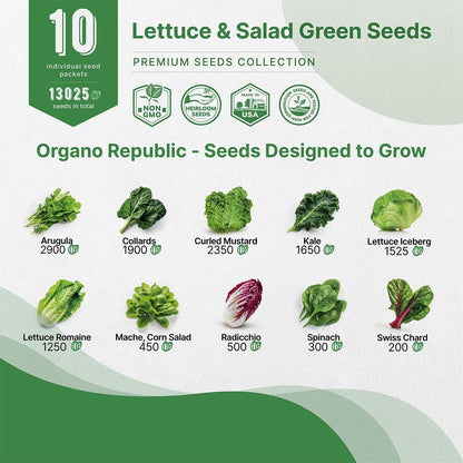 Organo Republic 22 Lettuce & Salad Greens Seeds Variety Pack 24,700+ Non-GMO Heirloom Lettuce Seeds for Indoor & Outdoor Garden, Hydroponics, Aerogarden - Arugula, Kale, Spinach, Swiss Chard, Lettuce