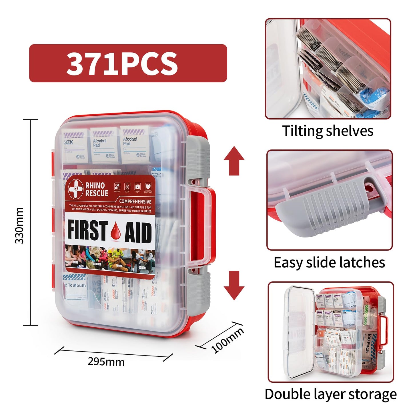 RHINO RESCUE 371 Pieces OSHA All-Purpose First Aid Kit, Home & Office Professional Medical Supplies, Ideal for Emergency, School, Business