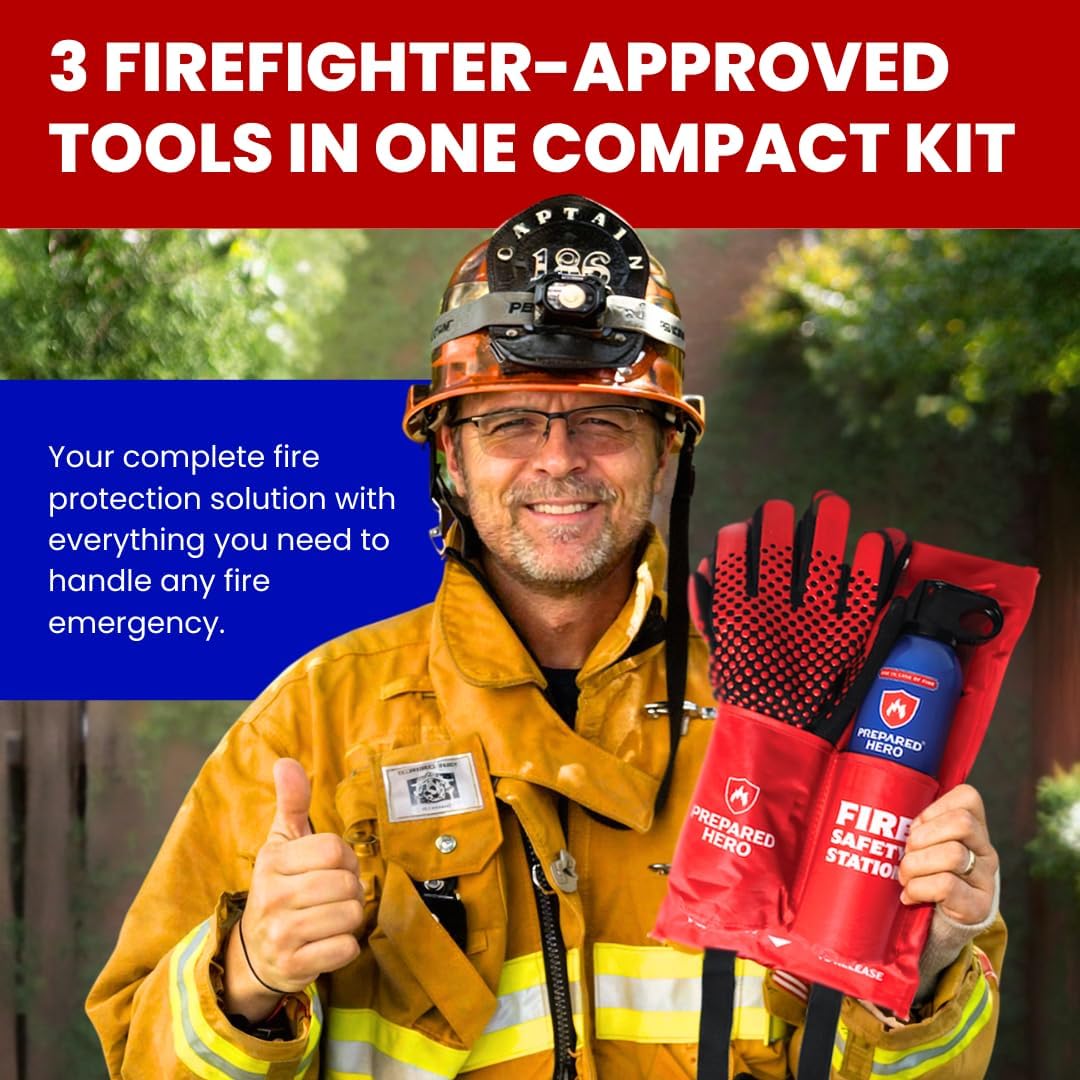 Fire Safety Station by Prepared Hero - Includes The Emergency Fire Blanket, Hero Fire Spray & Heat Resistant Gloves - Fire Extinguisher for Home - Fire Blanket for Home and Kitchen