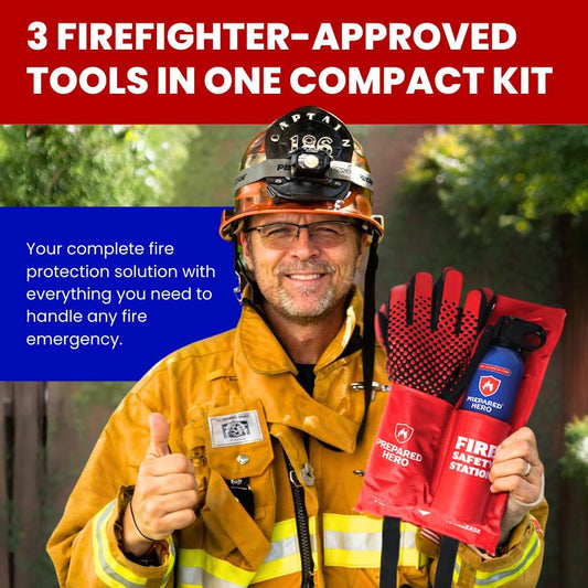 Fire Safety Station by Prepared Hero - Includes The Emergency Fire Blanket, Hero Fire Spray & Heat Resistant Gloves - Fire Extinguisher for Home - Fire Blanket for Home and Kitchen