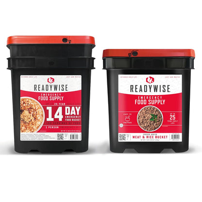 14 Day ReadyWise Emergency Food Supply - 14 Day, 150 Servings Emergency Freeze Dried Food Bucket, Protein Meals, Camping Essentials, Survival Kit, Disaster Prepping Supplies, 25 Year Shelf Life + ReadyWise Emergency Food Supply-88 Servings Meat & Rice…
