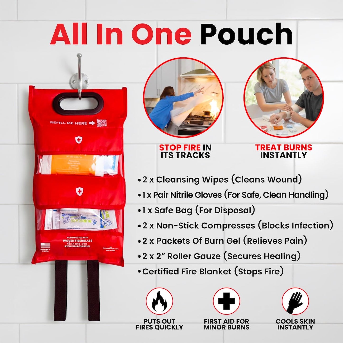 Fire Blanket Emergency Kit with Burn Gel First Aid Supplies - Prepared Hero 2-in-1 Kitchen Fire Suppression Blanket 1076°F & Complete Burn Treatment Kit - Home, RV, Camping Safety - CE Certified