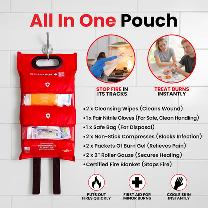 Fire Blanket Emergency Kit with Burn Gel First Aid Supplies - Prepared Hero 2-in-1 Kitchen Fire Suppression Blanket 1076°F & Complete Burn Treatment Kit - Home, RV, Camping Safety - CE Certified