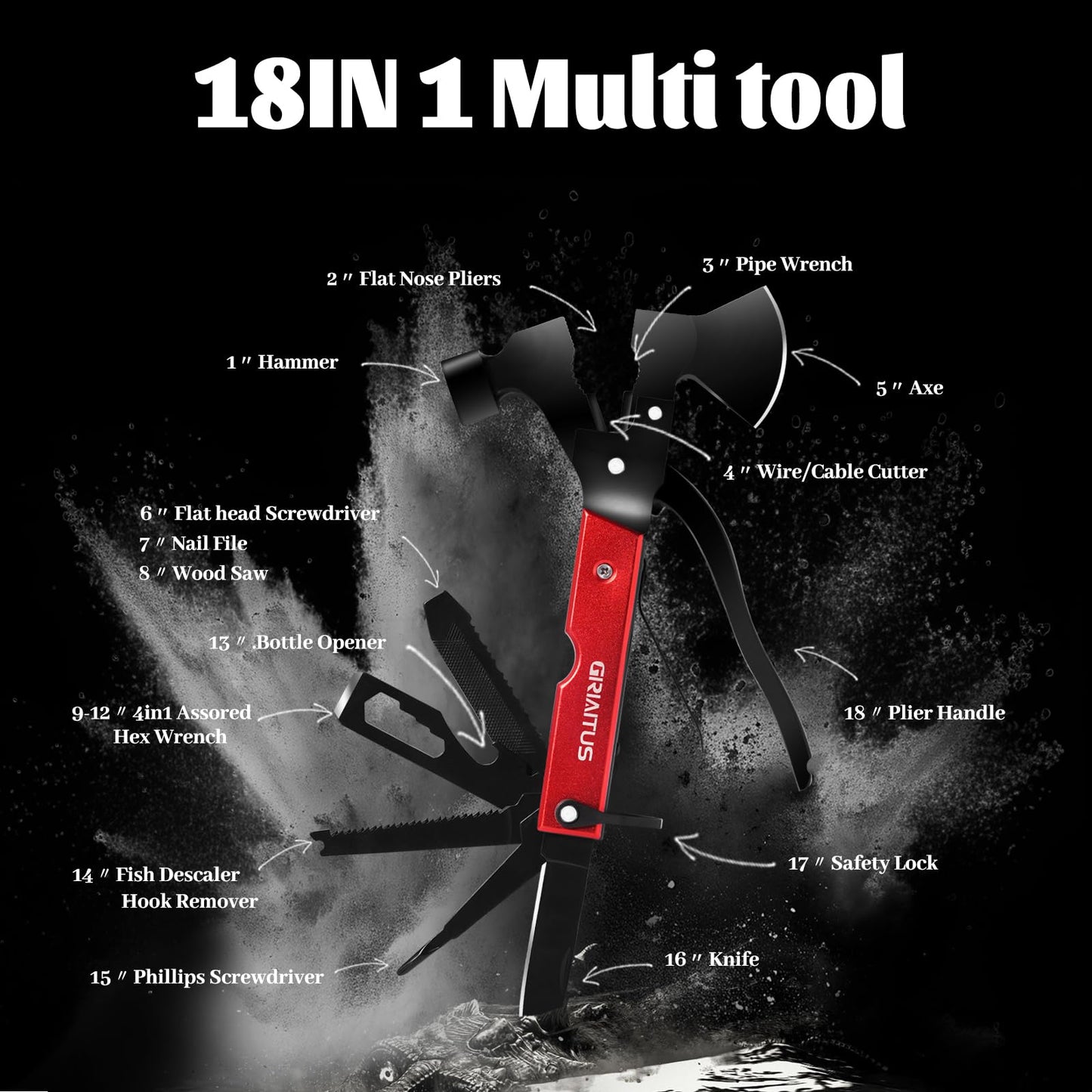 Camping Multitool Accessories Stocking Stuffers for Men 16 in 1 Multi Tool Survival Gear with Axe Hammer Pliers Saw Screwdrivers Bottle Opener Whistle with Sheath for Hiking, Gifts for Men Dad Him
