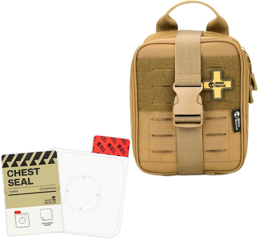 Rhino RESUE Bundle-Vented Chest Seal, 4 Vents, Sterile Emergency Trauma Dressing, Occlusive Adhesive Pad+Trauma Kit with C-A-T Tourniquet, Tactical First Aid Kit Molle Pouch for Military