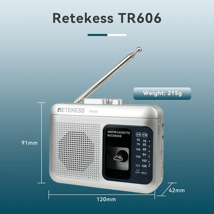 Retekess TR606 Cassette Tape Player, Cassette Player Recorder, Built-in Speaker, AUX/Microphone Jack, Support AUX Line in Record, AM FM Radio, Powered by DC or AA Battery (White)