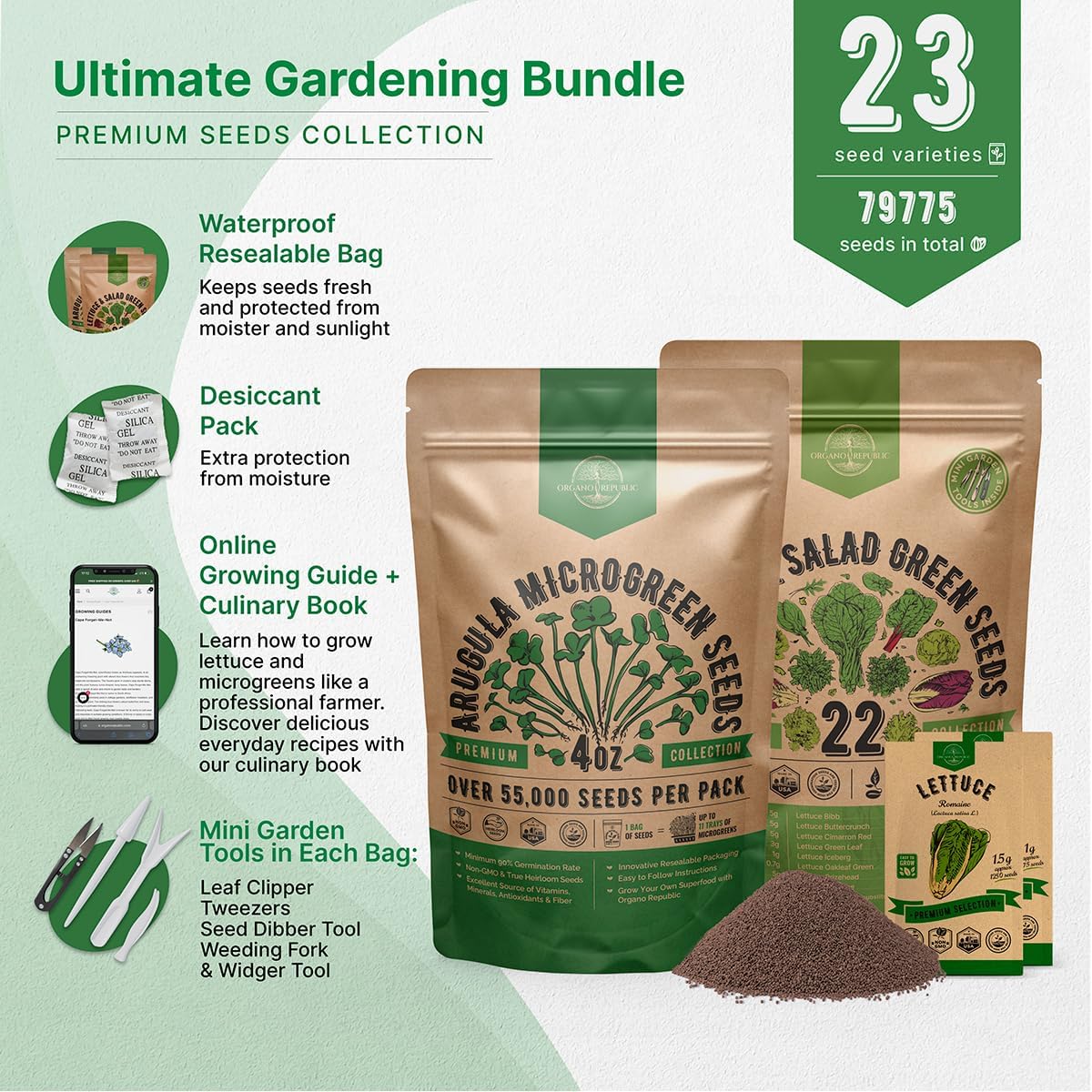 Organo Republic Arugula Sprouting 4 oz & 22 Lettuce & Salad Greens Seeds Variety Pack Bundle, 79,700+ Non-GMO Heirloom Garden Seeds for Planting Microgreens & Salad Greens for Indoor & Outdoor Garden