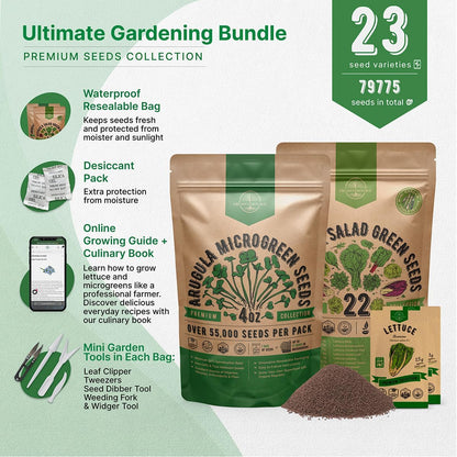 Organo Republic Arugula Sprouting 4 oz & 22 Lettuce & Salad Greens Seeds Variety Pack Bundle, 79,700+ Non-GMO Heirloom Garden Seeds for Planting Microgreens & Salad Greens for Indoor & Outdoor Garden