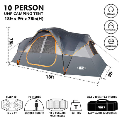 UNP Camping Tent 10-Person-Family Tents, Parties, Music Festival Tent, Big, Easy Up, 5 Large Mesh Windows, Double Layer, 2 Room, Waterproof, Weather Resistant, 18ft x 9ft x78in