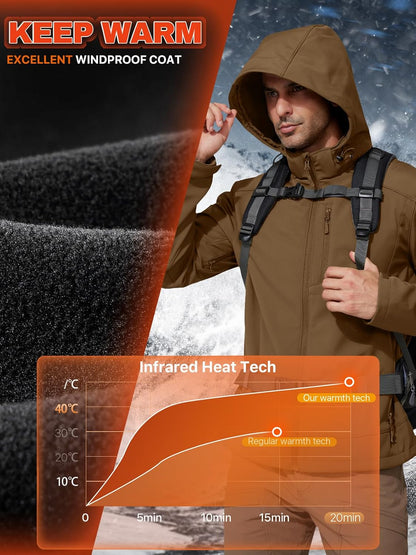 FREE SOLDIER Men's Lightweight Softshell Jacket Winter Fleece Lined Hooded Rain Waterproof Hiking Outdoor Jackets (Brown,L)