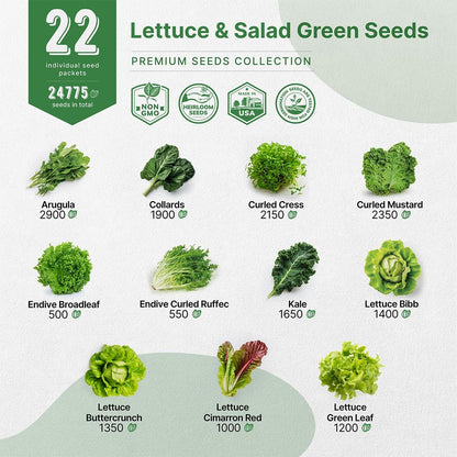 Organo Republic 22 Lettuce & Salad Greens Seeds Variety Pack 24,700+ Non-GMO Heirloom Lettuce Seeds for Indoor & Outdoor Garden, Hydroponics, Aerogarden - Arugula, Kale, Spinach, Swiss Chard, Lettuce