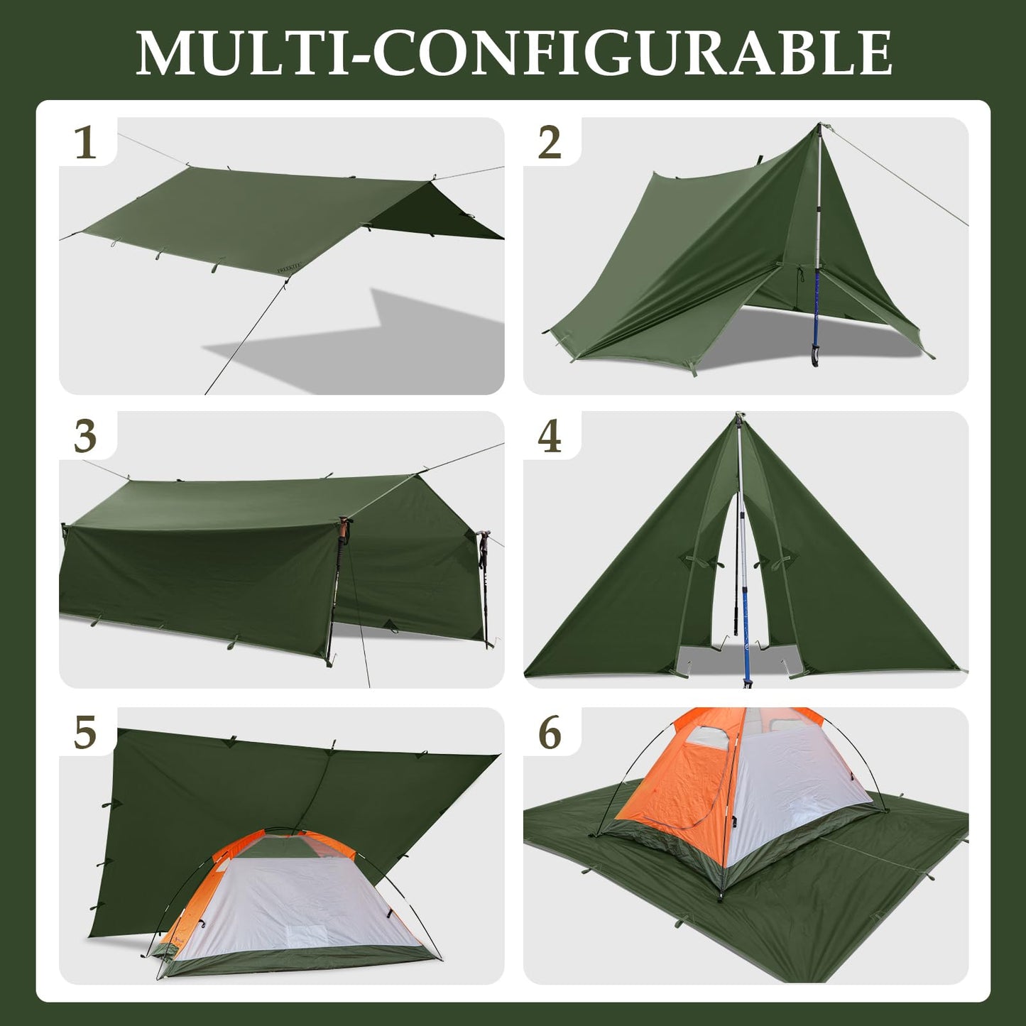 Camping Tarp Tent Portable Multifunctional Bushcraft Backpacking Tear-Resistant Fabric Rain Fly Tarps Awning Shelter Lightweight Waterproof Tarp(10×10 tarp)