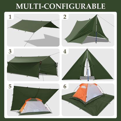 Camping Tarp Tent Portable Multifunctional Bushcraft Backpacking Tear-Resistant Fabric Rain Fly Tarps Awning Shelter Lightweight Waterproof Tarp(10×10 tarp)