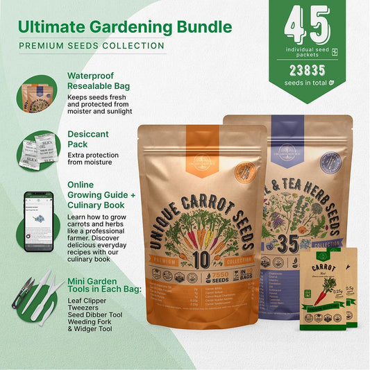 Organo Republic 10 Carrot Seeds and 35 Medicinal & Tea Herb Seeds Variety Pack Bundle, 23,885+ Non-GMO Heirloom Garden Seeds for Planting Carrots and Herbs for Indoor & Outdoor Gardening