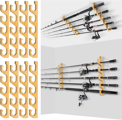 PLUSINNO WH5 Horizontal Fishing Rod/Pole Holders for Garage, Wall or Ceiling Mounted Rack, Solid Wood Fishing Rod Holder Holds up to 5/10/20 Rods or Combos Fishing Gear, Gifts for Men