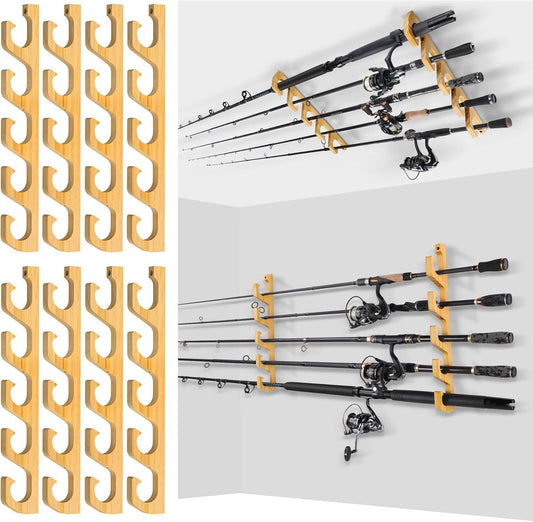 PLUSINNO WH5 Horizontal Fishing Rod/Pole Holders for Garage, Wall or Ceiling Mounted Rack, Solid Wood Fishing Rod Holder Holds up to 5/10/20 Rods or Combos Fishing Gear, Gifts for Men