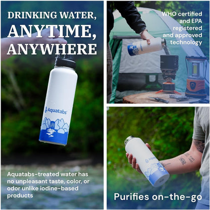 Aquatabs Insulated Stainless Steel Water Purifier Water Bottle with 30 Water Purification Tablets, BPA Free Water Purification Bottle Alternative to Filtered Water Bottle.