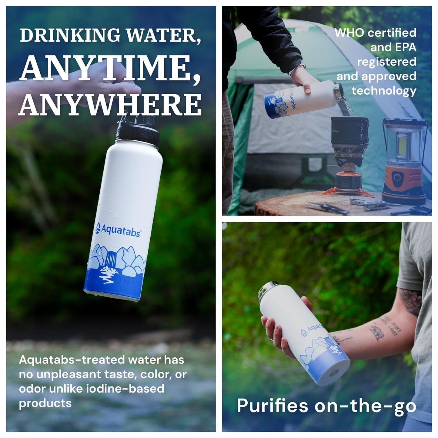 Aquatabs Insulated Stainless Steel Water Purifier Water Bottle with 50 Water Purification Tablets, BPA Free Water Purification Bottle Alternative to Filtered Water Bottle.