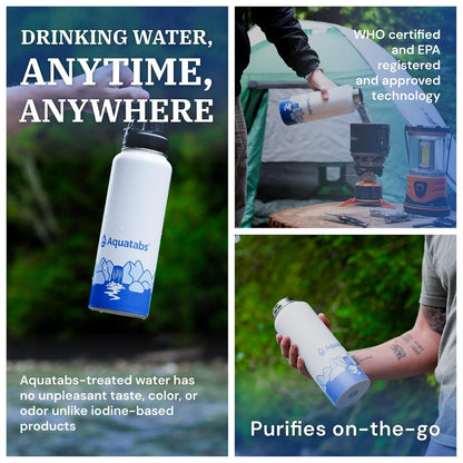 Aquatabs Insulated Stainless Steel Water Purifier Water Bottle with 50 Water Purification Tablets, BPA Free Water Purification Bottle Alternative to Filtered Water Bottle.