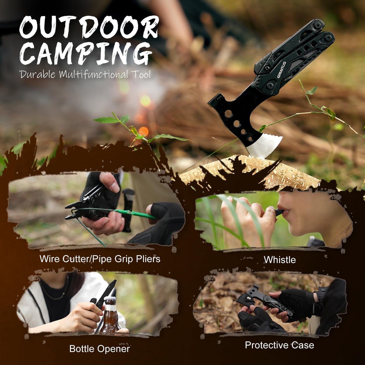 Camping Multitool Accessories Stocking Stuffers for Men 16 in 1 Multi Tool Survival Gear with Axe Hammer Pliers Saw Screwdrivers Bottle Opener Whistle with Sheath for Hiking, Gifts for Men Dad Him