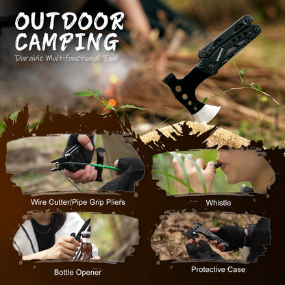 Camping Multitool Accessories Stocking Stuffers for Men 16 in 1 Multi Tool Survival Gear with Axe Hammer Pliers Saw Screwdrivers Bottle Opener Whistle with Sheath for Hiking, Gifts for Men Dad Him