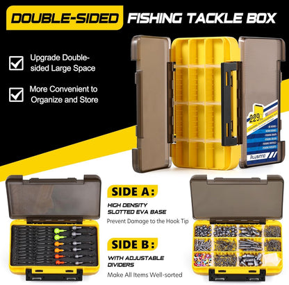 PLUSINNO 253/387pcs Fishing Gear Accessories Kit, Fishing Tackle Box with Tackle Included, Fishing Hooks, Fishing Weights Sinkers, Spinner Blade, Fishing Equipment for Bass Trout Bluegill Crappie