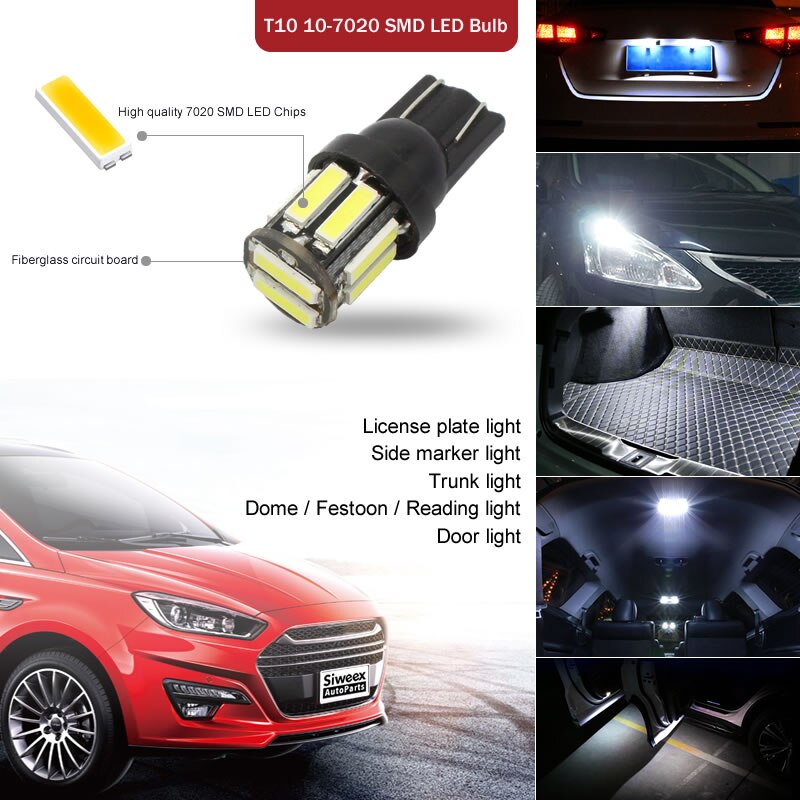 4Pcs W5W 10-7020 SMD Car T10 LED 194 168 Wedge Replacement Reverse Instrument Panel Lamp White Blue Bulbs For Clearance Lights