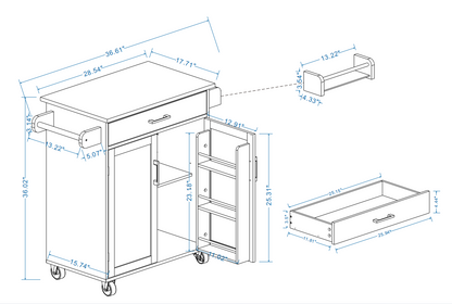 Kitchen island rolling trolley cart with 1 drawer & 2 doors with storage racks & Adjustable Shelves & towel rack