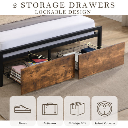 Full size bedstead with storage headboard and 2 drawers, LED light bed with charging station, metal Flat noodles support