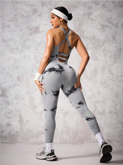 Back Crisscross Tie-Dye Scoop Neck Active Jumpsuit