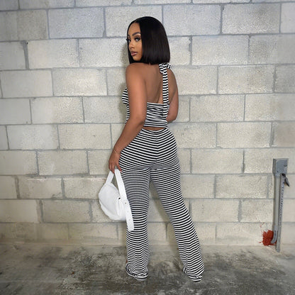 Belted Short Top with Slim Pencil Skirt Two-Piece Set in Jacquard Stripe
