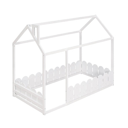{Slats are not included}Twin Size Wood Bed House Bed Frame with Fence for KidsTeens Girls Boys {White}