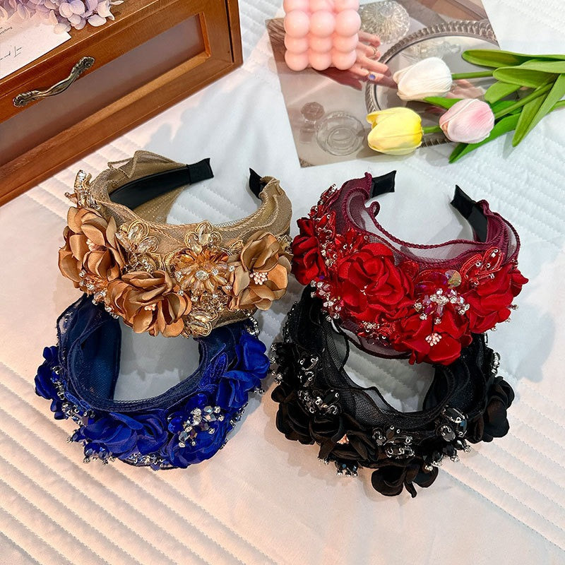 Fabric Flower Heavy Industry Wide Edge Crystal Super Immortal Women's Headband Headwear