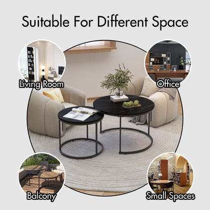 A set of nested coffee tables, 27.6-inch round coffee table, wooden marble patterned tabletop, sturdy metal frame (black)